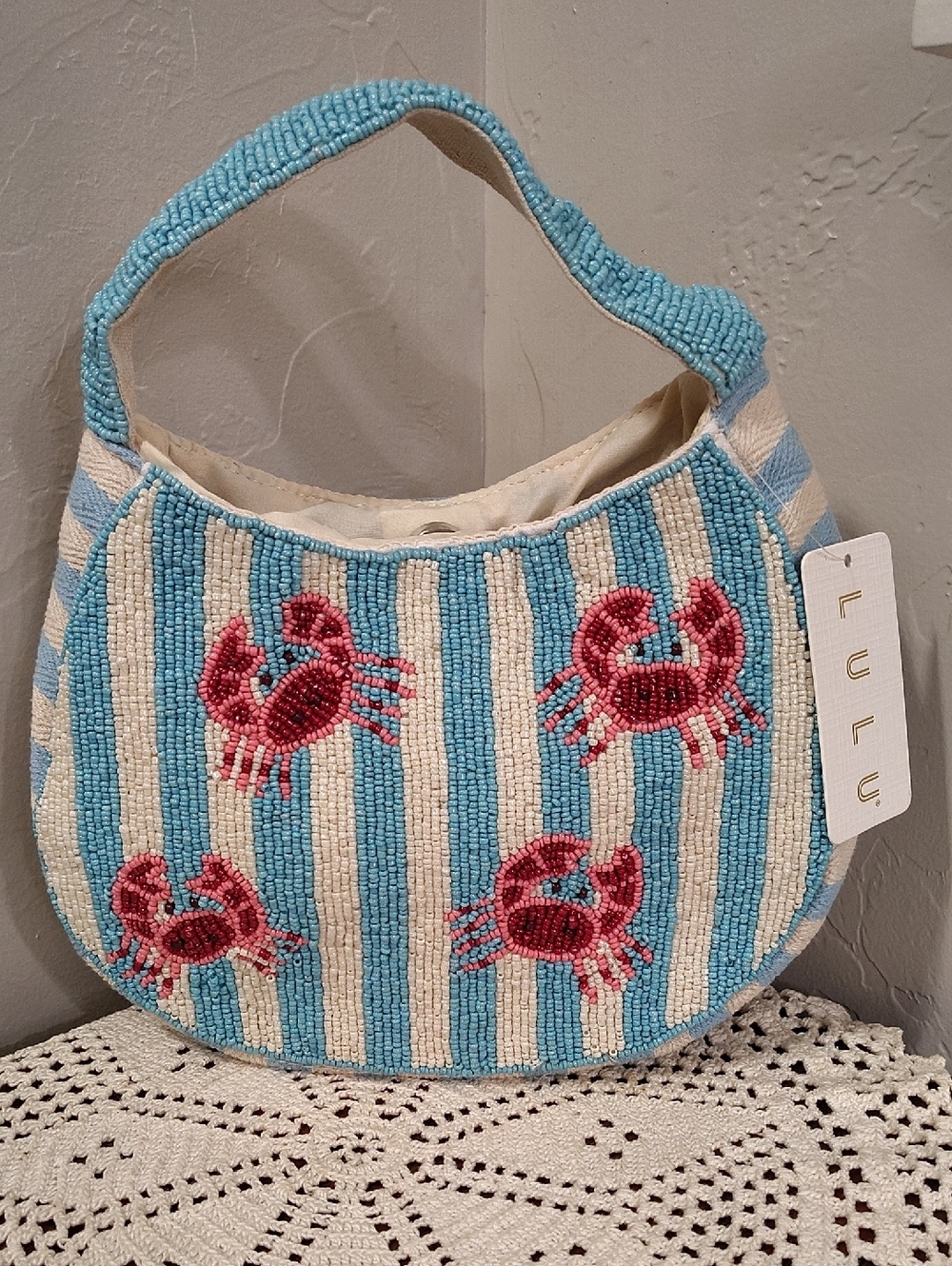 Lulu Hand-Beaded Crab Beach Scene Arm Bag NWT Blue